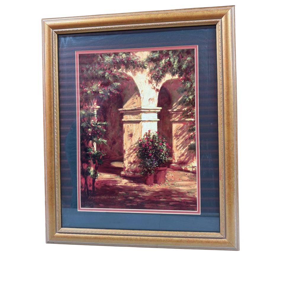 Roger Williams Framed Art Print Mediterranean Courtyard Bougainvillea Gold Frame